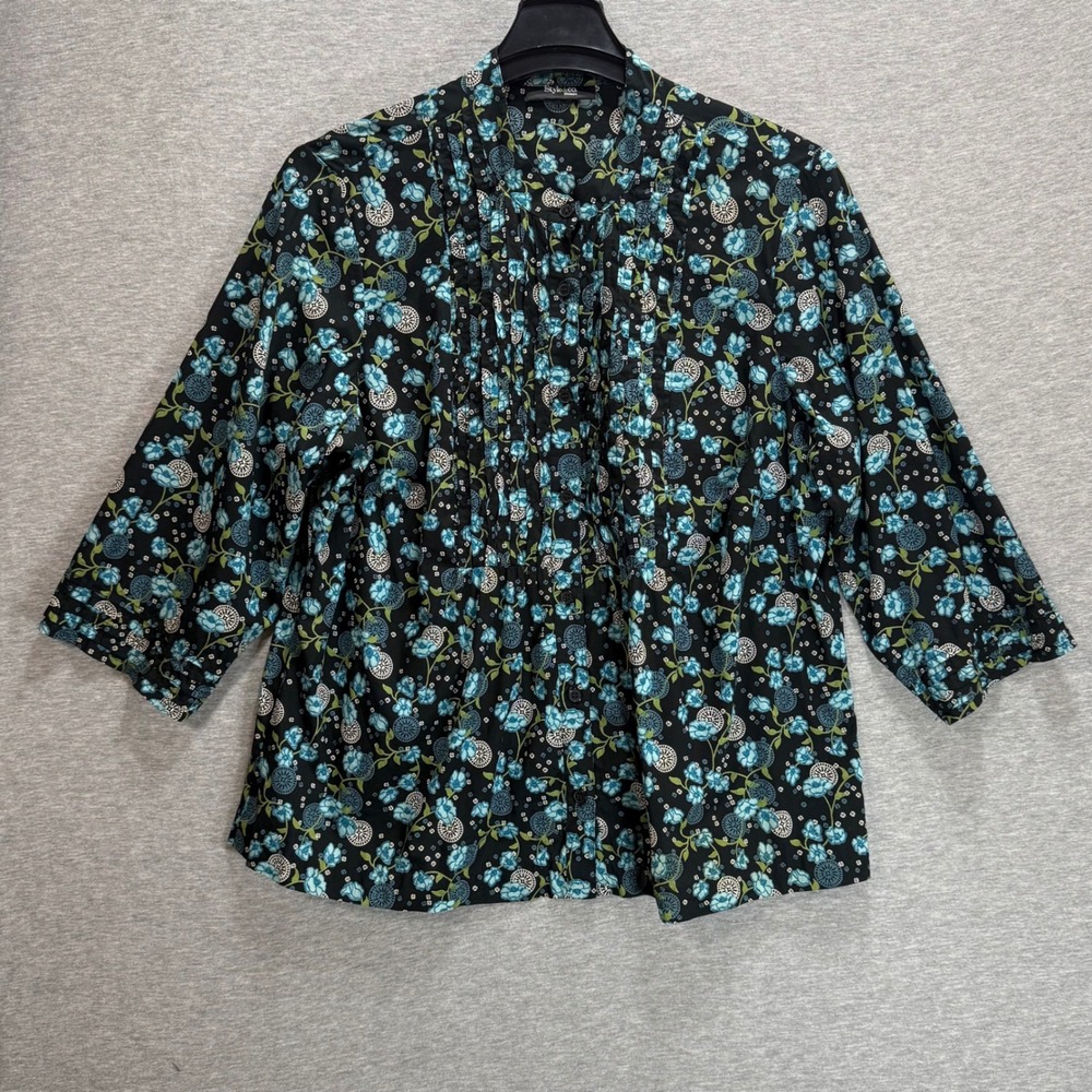 Style & Co Pintuck Blouse Woman 1X Black Floral 3/4 Sleeve Button Up Top